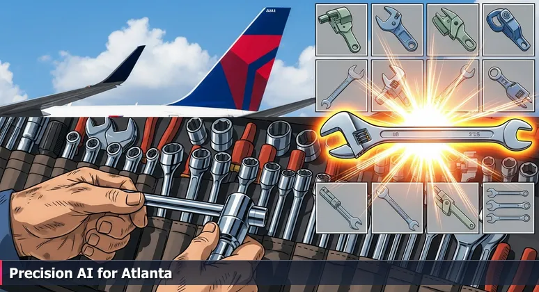 A mechanic's hands selecting a specialized socket wrench from a tool roll at Hartsfield-Jackson Airport, with a blurred Delta Air Lines jet tail fin in the background, symbolizing focused AI expertise.