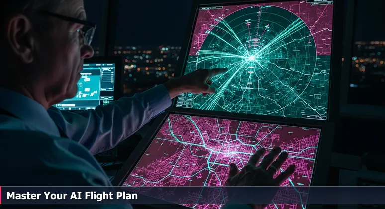 Night scene in Hartsfield-Jackson control tower with radar screens showing Atlanta flight patterns and a hand pointing to a map of tech districts.