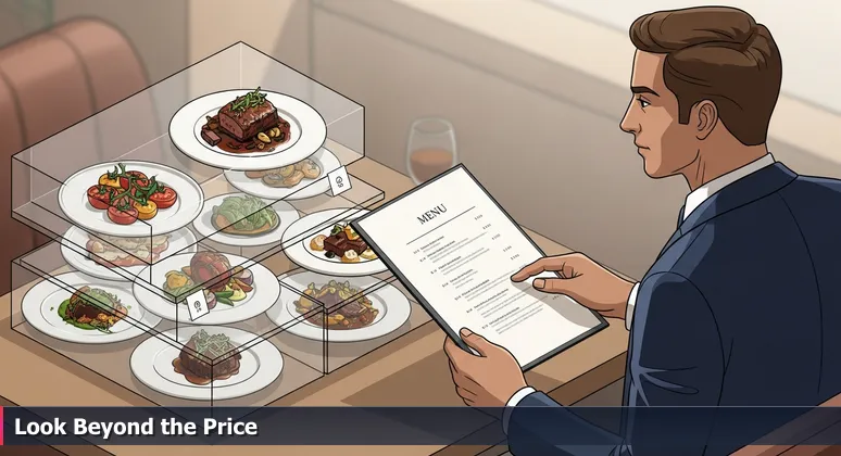 A diner in a restaurant focusing on a menu's price column, with blurred dish descriptions symbolizing overlooked value in tech compensation packages.