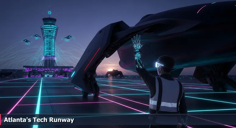 A ground crew member in a reflective vest directs a large aircraft on the tarmac at Hartsfield-Jackson Atlanta International Airport at dusk, with a glowing control tower in the background.