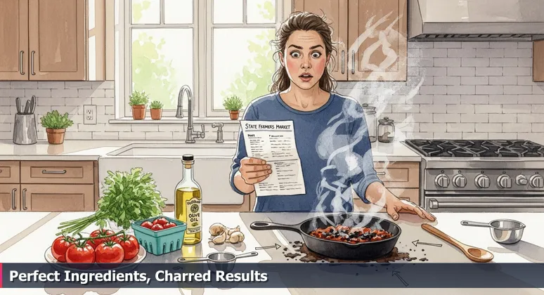 A person in a modern Atlanta kitchen looks frustrated, holding a recipe with premium ingredients from the State Farmers Market, while a charred dish sits on the counter.