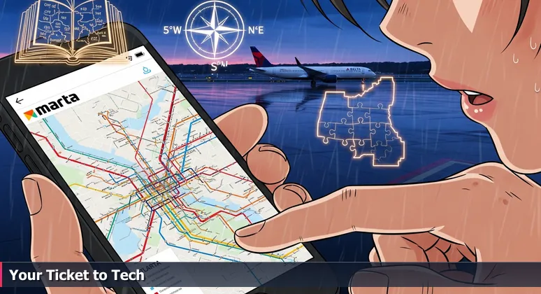 A close-up of a traveler's hand holding a smartphone with a colorful MARTA transit map at Hartsfield-Jackson Atlanta International Airport, a Delta Air Lines plane taxiing in the background.