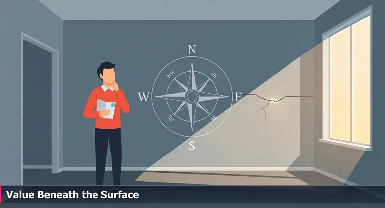 A homebuyer in an empty living room inspecting a crack in the wall while holding a real estate brochure, symbolizing the need to evaluate AI job offers beyond base salary.