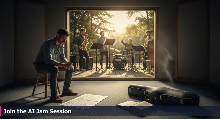 A solo musician practices alone in a soundproof room, while through the window, a jazz band improvises on a sunny patio, symbolizing AI learning in isolation versus community collaboration in Atlanta.