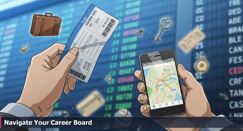A traveler's hand clutching a crumpled boarding pass in front of a glowing airport departures board with destinations like ATL to SFO, symbolizing career decision-making in Atlanta's tech scene.