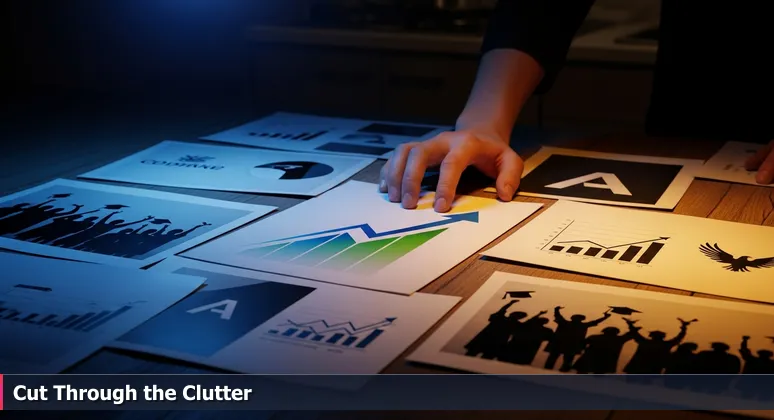 A cluttered kitchen table with glossy AI bootcamp brochures, representing the overwhelming choice for tech education in Atlanta.