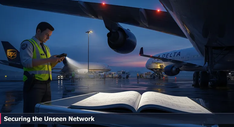 A security officer scans credentials on the tarmac at Hartsfield-Jackson Atlanta International Airport at dusk, with Delta and UPS jets in the background, representing cybersecurity in a global hub.