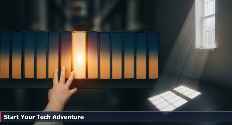 A child's hand reaching for a book on a sunny library shelf, symbolizing access to free tech education in Atlanta, Georgia.