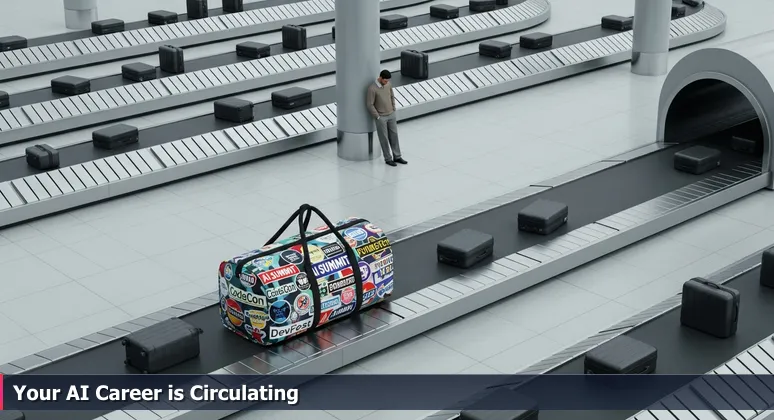A baggage carousel at Hartsfield-Jackson Atlanta International Airport with a colorful duffel bag covered in tech conference stickers, symbolizing hidden AI career opportunities in the city.
