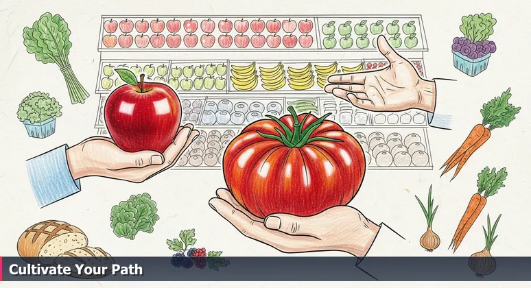 A close-up at an Atlanta farmers' market: one hand holds a shiny apple, the other a rustic heirloom tomato, symbolizing career choices for junior developers.