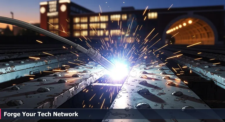 A welder's torch sparks on the Atlanta BeltLine at dusk, symbolizing the connection and transformation of women in tech networks in the city.