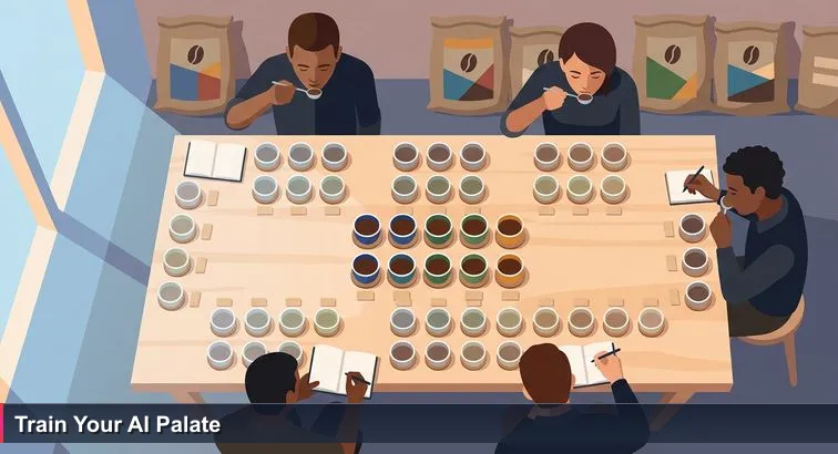 Overhead view of a wooden cupping table at dawn in a Bogotá coffee lab, steaming bowls tagged by origin, tasters with spoons and notebooks scoring cups, sacks labeled Huila and Antioquia in background.