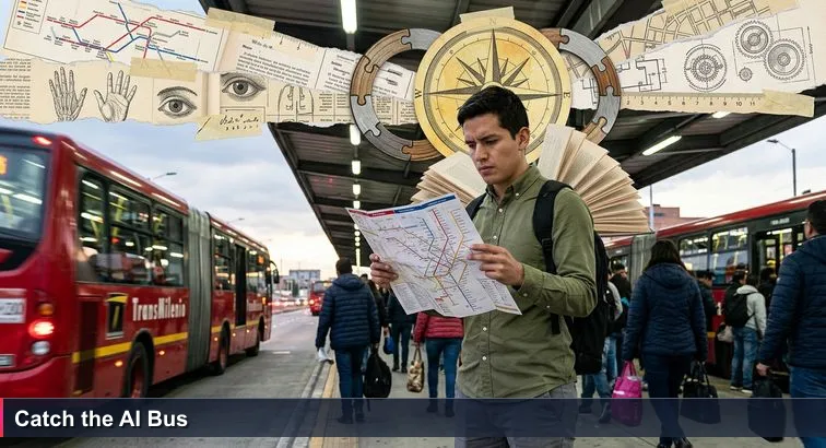Young professional on a crowded TransMilenio platform at dusk, backpacked and holding a folded route map as red buses rush by, conveying determination amid chaos.