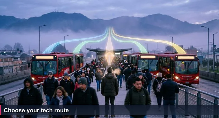 Commuters on a chilly Bogotá TransMilenio platform deciding between three buses, symbolizing career choices between Bogotá, Medellín, and other Colombian tech routes.