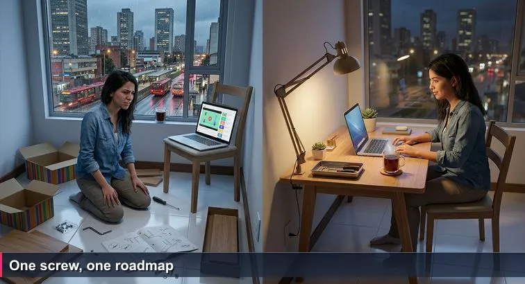 Young professional kneeling on a tiled Bogotá apartment floor surrounded by flat-pack desk parts, an open laptop on a chair, a missing screw, and blurred TransMilenio lights outside the window.