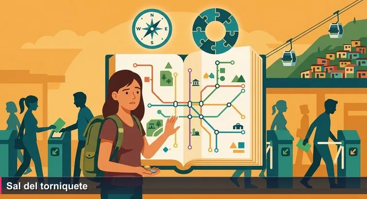 Late-afternoon scene at Medellín’s San Javier station: a young woman with a worn backpack studies a metro map while commuters pass through a side gate for free transfers.