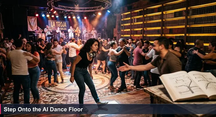A crowded Medellín salsa club with colored lights and dancers; a young person stands at the edge of the floor, headphones around their neck, hesitant but ready to step in.