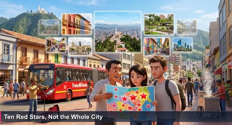 A street vendor on Bogotá’s Carrera Séptima opens a glossy tourist map marked with ten red stars while TransMilenio buses, a musician, and an arepa cart animate the background.
