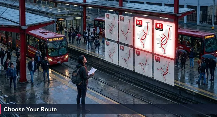 Young Colombian student at Bogotá's Portal del Norte under light rain, clutching a CV while studying a bright TransMilenio route map with many red lines.