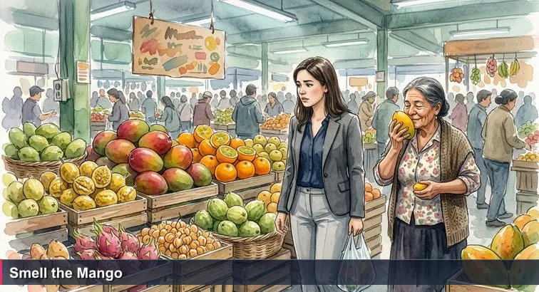 Busy Paloquemao market in Bogotá with crates of mangoes, a cardboard 'Top 10 frutas' sign, a hesitant young professional and an older woman smelling a mango.