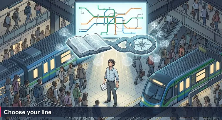 Young professional holding a CV and metro ticket in Medellín’s San Antonio station at rush hour, looking at a glowing colored metro map with green, blue, and orange lines.