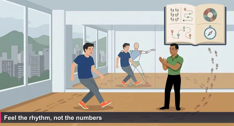 Inside a Bogotá salsa studio: a young engineer in a plain t-shirt practices steps in front of a mirrored wall while the instructor claps the real rhythm.