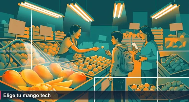 A busy Colombian market stall with crates of mangos and a vendor offering a plastic spoon sample to a teenager with a backpack; handwritten price signs and distant library icons.