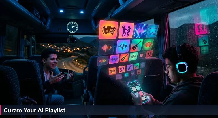 Dim night-bus interior: a young passenger under blue lights scrolling a phone showing a blank "Colombia 2026" playlist, friend across the aisle arguing genres, blurred mountain lights outside.