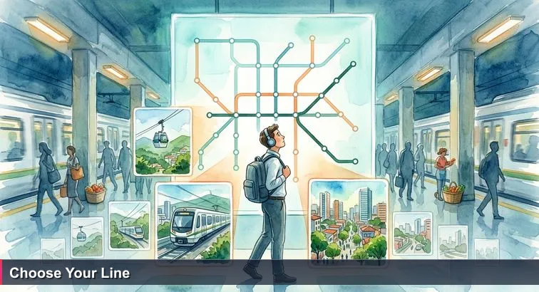 A young professional with a backpack and headphones studies a brightly colored metro map at Medellín’s San Antonio station as trains rush by and street vendors call out.