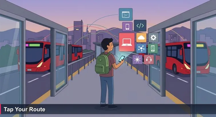 Young Colombian with a SENA backpack stands on the Portal Norte TransMilenio platform at dusk, phone in hand showing a “Top 10 Tech Jobs Without a Degree” list as red buses pass.