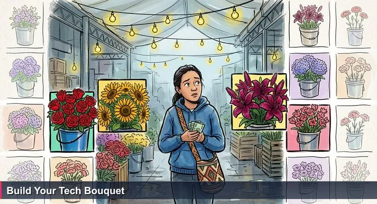 Pre-dawn at Bogotá’s Paloquemao market: a young woman in a hoodie stands amid buckets of flowers, weighing choices with a small wad of cash under cold market lights.