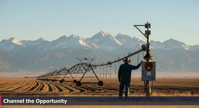 A farmer in Weld County, CO, at dawn, standing by a center-pivot irrigation system in a dry field, looking towards the Rocky Mountains, symbolizing strategic AI career planning.