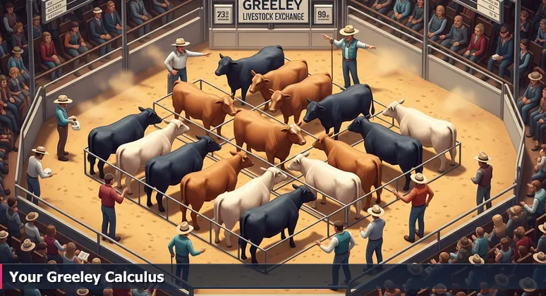 A bustling cattle auction scene at Greeley Livestock Exchange, symbolizing the high-stakes negotiation of tech salaries and compensation packages.