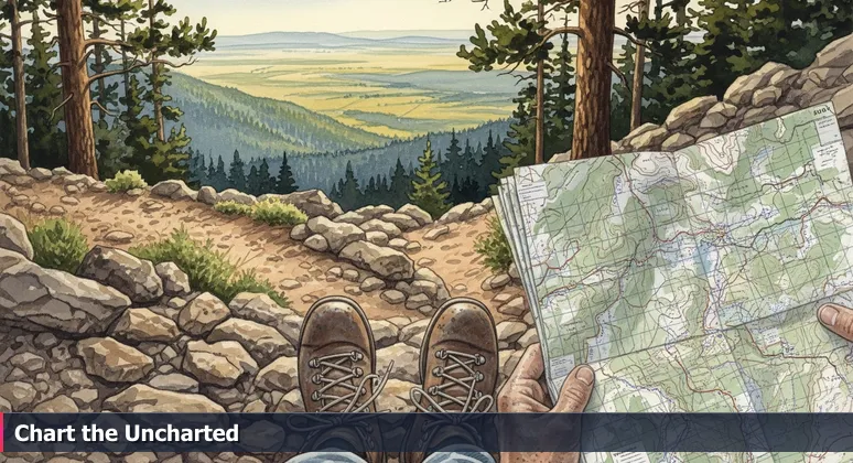 Worn hiking boots at a trail fork on the Rocky Mountains, with hands holding a topographic map, symbolizing the journey to become an AI engineer in Greeley.
