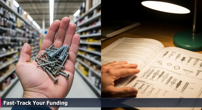 A hand holding various screws and fasteners on a blueprint, symbolizing funding options for tech training in Greeley, Colorado