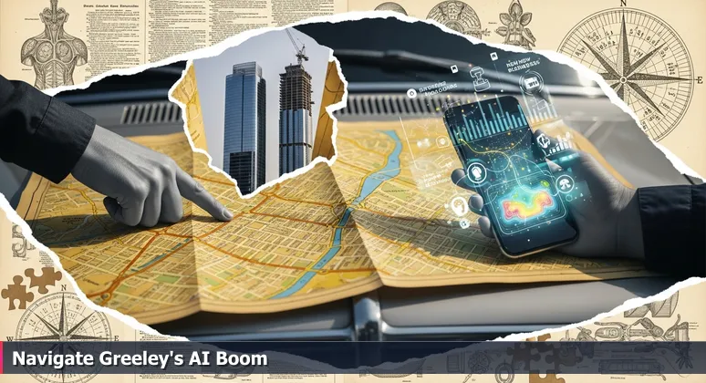 A worn paper map of Greeley on a car hood, with a modern tech building under construction behind it, and a smartphone displaying real-time AI salary heatmaps over the city.