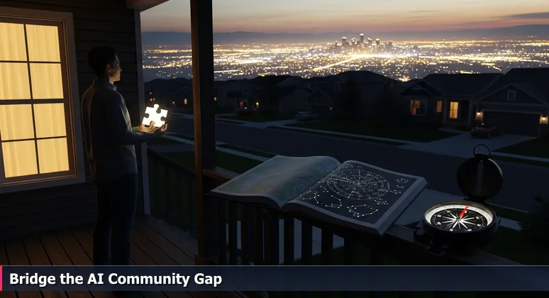 A person on a porch in Greeley at dusk, looking towards the glowing Denver-Boulder skyline, symbolizing the connection to regional AI networking opportunities.