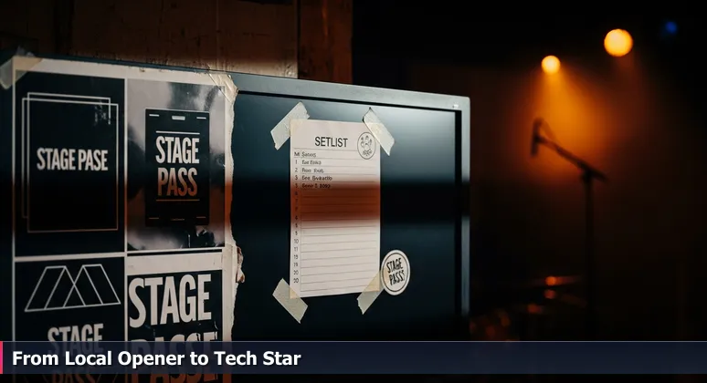 Close-up image of a worn paper setlist taped to a monitor, with handwritten 'Local Opener - The Greeley Grid', symbolizing entry-level tech roles in Greeley, Colorado.