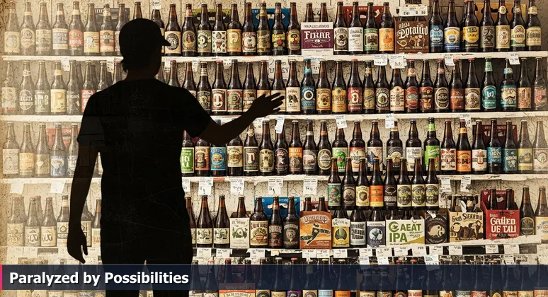 A person frozen in front of a wall of Colorado craft beer cans, illustrating the dilemma of choosing a tech bootcamp in Greeley.