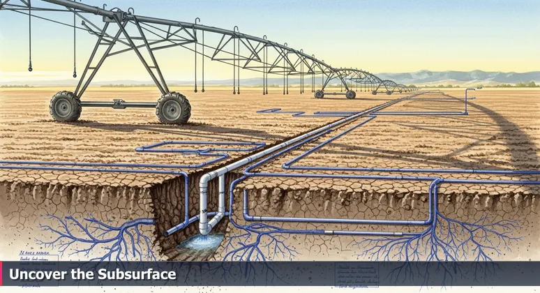 A center-pivot irrigation system in a Greeley field at sunrise, with cracked soil revealing a network of pipes underneath, symbolizing hidden cybersecurity job opportunities in Northern Colorado.