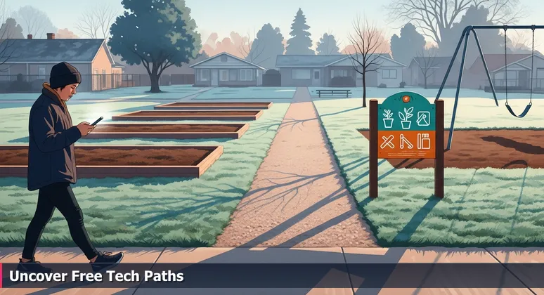 A person in Greeley walks past a library, overlooking a sign for free tech workshops that could launch their career in the local tech scene.