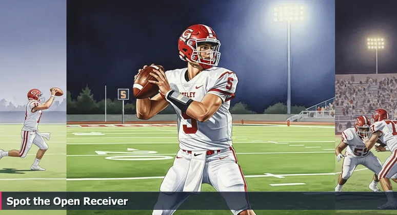 A quarterback on a Greeley football field at night, eyes on a star receiver while an open fullback represents hidden AI job opportunities in local industries.