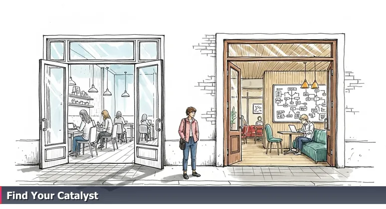 A split image showing a quiet, minimalist coworking space versus a bustling, collaborative tech incubator in downtown Greeley, Colorado, highlighting the choice for tech professionals.