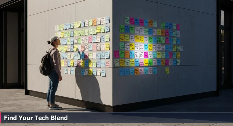 A junior developer in Greeley examines a community bulletin board with coffee shop-style sticky notes recommending tech startups, symbolizing the 2026 job search.