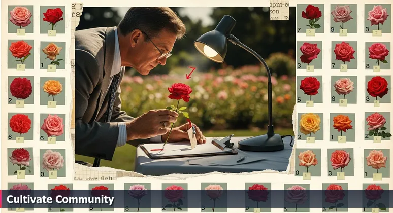 A judge at a rose competition holds a single bloom under a spotlight, with a lush garden in the background, symbolizing interconnected tech resources for women in Greeley.