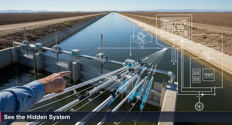 Close-up of an irrigation canal in Visalia, CA, with sensors and control gates representing embedded AI systems in local agriculture and technology.