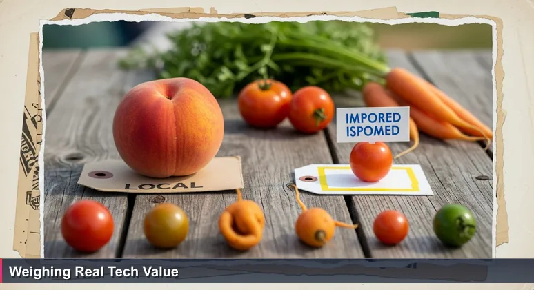 A weathered wooden table at the Visalia Farmers Market with two price tags: one on a small imported fruit and another on a large local peach, representing the value of local tech careers.