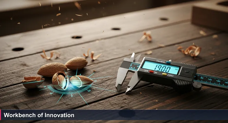 A close-up of a worn wooden workbench with a digital caliper and almonds, symbolizing Visalia's blend of traditional industry and modern technology for tech careers.