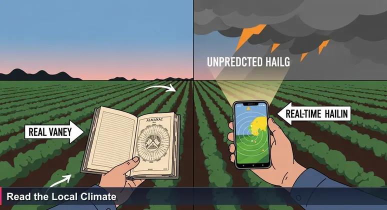 A farmer in a Visalia field at dusk holds an almanac and a smartphone showing a weather radar, symbolizing AI skill adaptation for local industries.