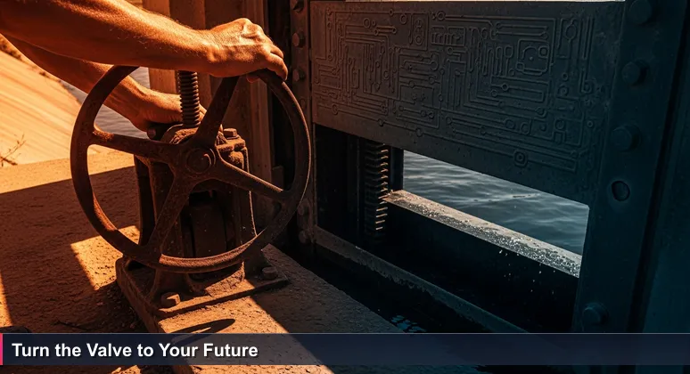 Weathered hands turning an irrigation gate wheel in a Central Valley canal, symbolizing access to funding for tech training in Visalia.